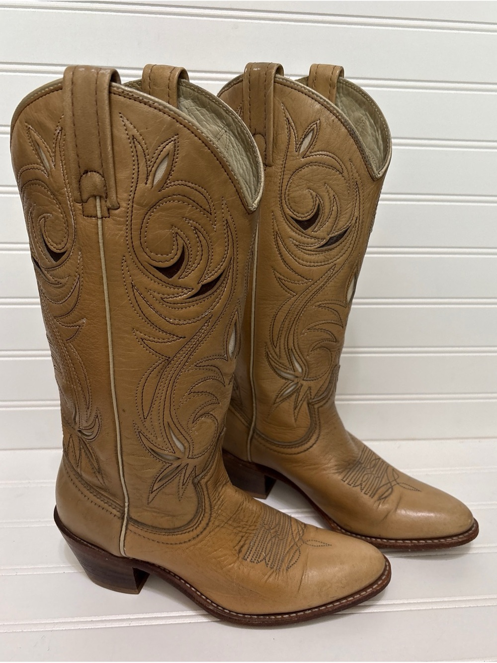 ACME Vintage Tan Leather Inlay Cowboy Western Star Boots Womens Size 6 Narrow N